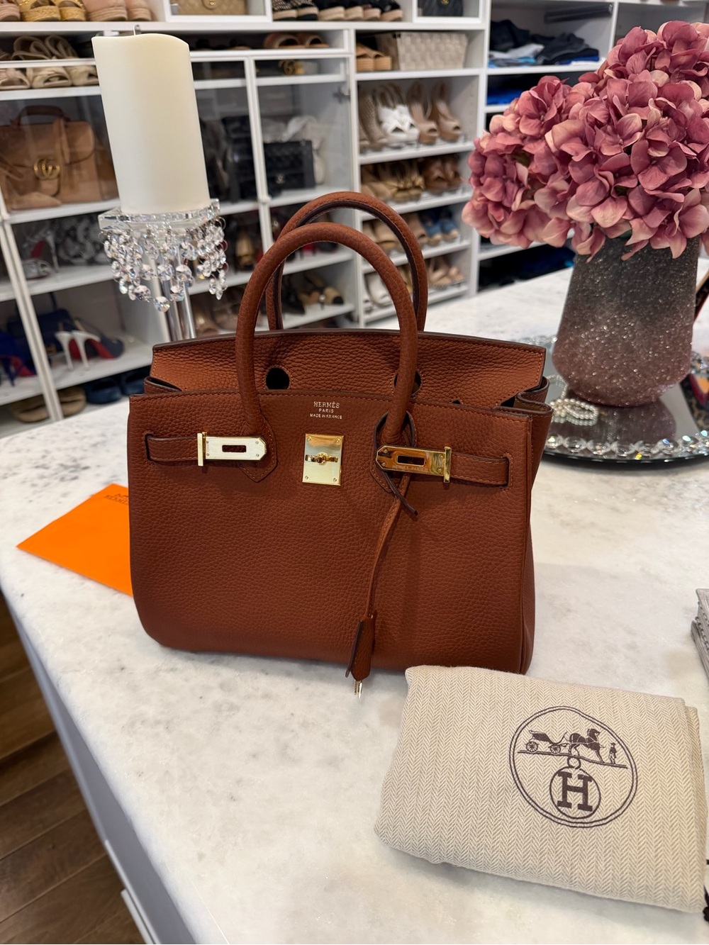 DESIGNER INSPIRED Brown Togo Leather Top-Handle Bag